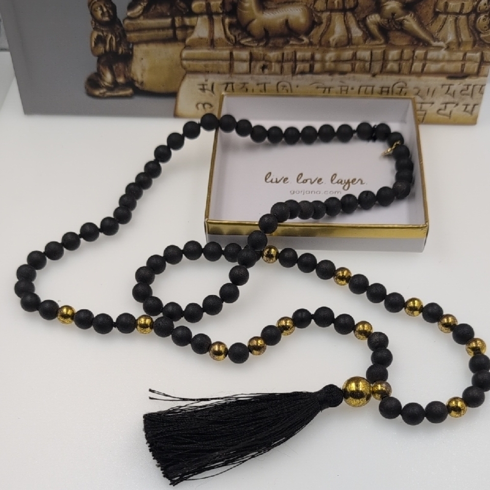 Gorjana Hannah Drusy Black and Gold Beaded Necklace with Tassel Mana Beads